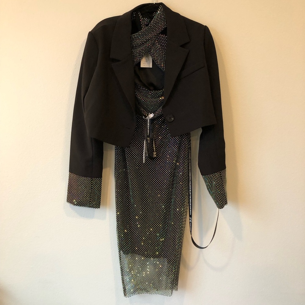 NWT SLA THE LABEL 3 Piece Black Rhinestone Set Size L